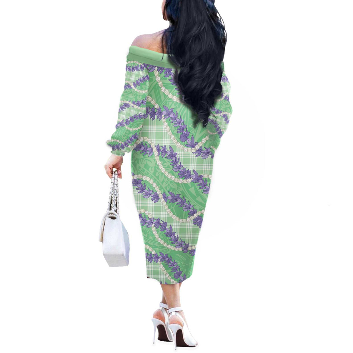 Pastel Green Hawaii Palaka Honohono Pikake Off The Shoulder Long Sleeve Dress Hawaiian Orchid Lei Polynesian Pattern - Polynesian Pride