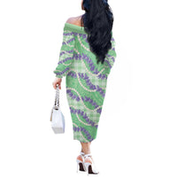 Pastel Green Hawaii Palaka Honohono Pikake Off The Shoulder Long Sleeve Dress Hawaiian Orchid Lei Polynesian Pattern - Polynesian Pride