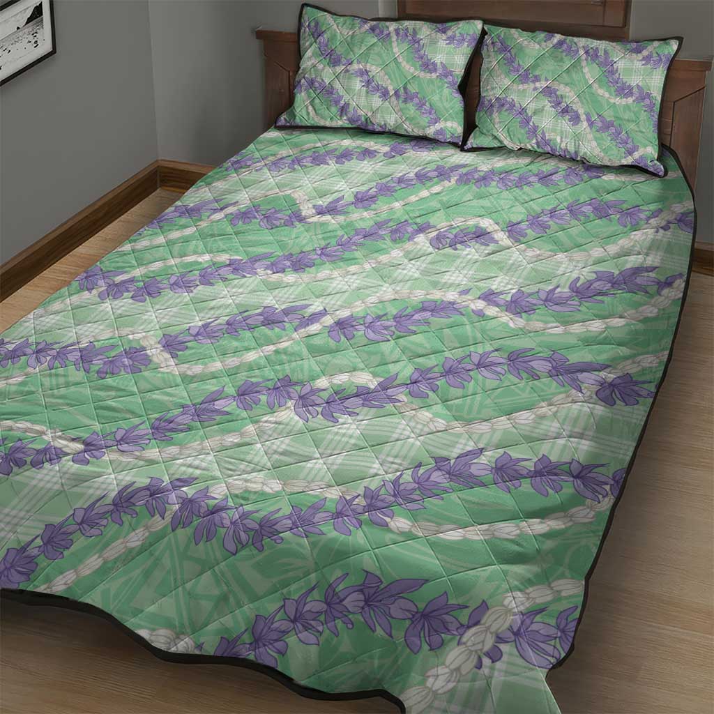 Pastel Green Hawaii Palaka Honohono Pikake Quilt Bed Set Hawaiian Orchid Lei Polynesian Pattern - Polynesian Pride
