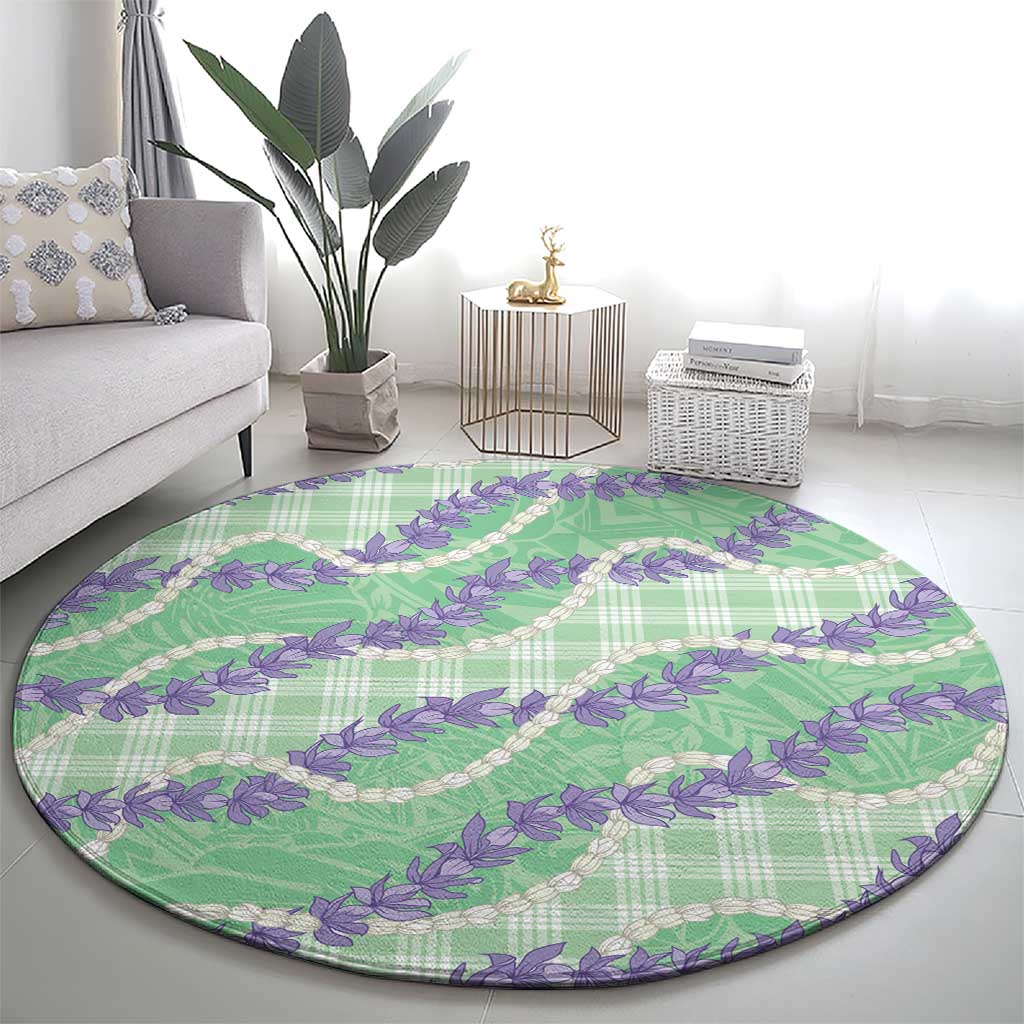 Pastel Green Hawaii Palaka Honohono Pikake Round Carpet Hawaiian Orchid Lei Polynesian Pattern - Polynesian Pride