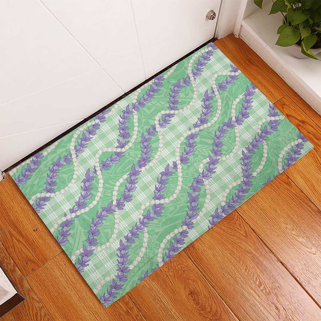 Pastel Green Hawaii Palaka Honohono Pikake Rubber Doormat Hawaiian Orchid Lei Polynesian Pattern - Polynesian Pride