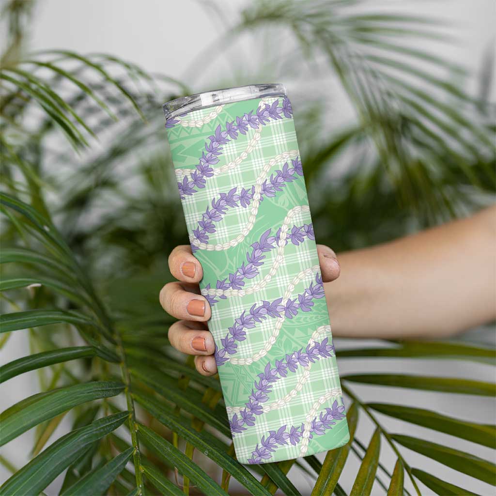 Pastel Green Hawaii Palaka Honohono Pikake Skinny Tumbler Hawaiian Orchid Lei Polynesian Pattern - Polynesian Pride