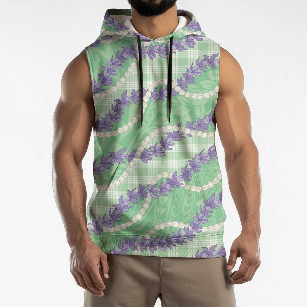 Pastel Green Hawaii Palaka Honohono Pikake Sleeveless Hoodie Hawaiian Orchid Lei Polynesian Pattern - Polynesian Pride