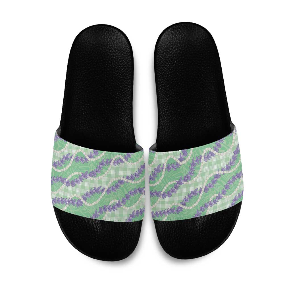 Pastel Green Hawaii Palaka Honohono Pikake Slide Sandals Hawaiian Orchid Lei Polynesian Pattern - Polynesian Pride
