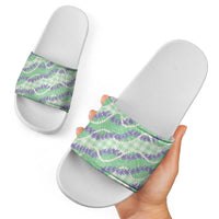 Pastel Green Hawaii Palaka Honohono Pikake Slide Sandals Hawaiian Orchid Lei Polynesian Pattern - Polynesian Pride