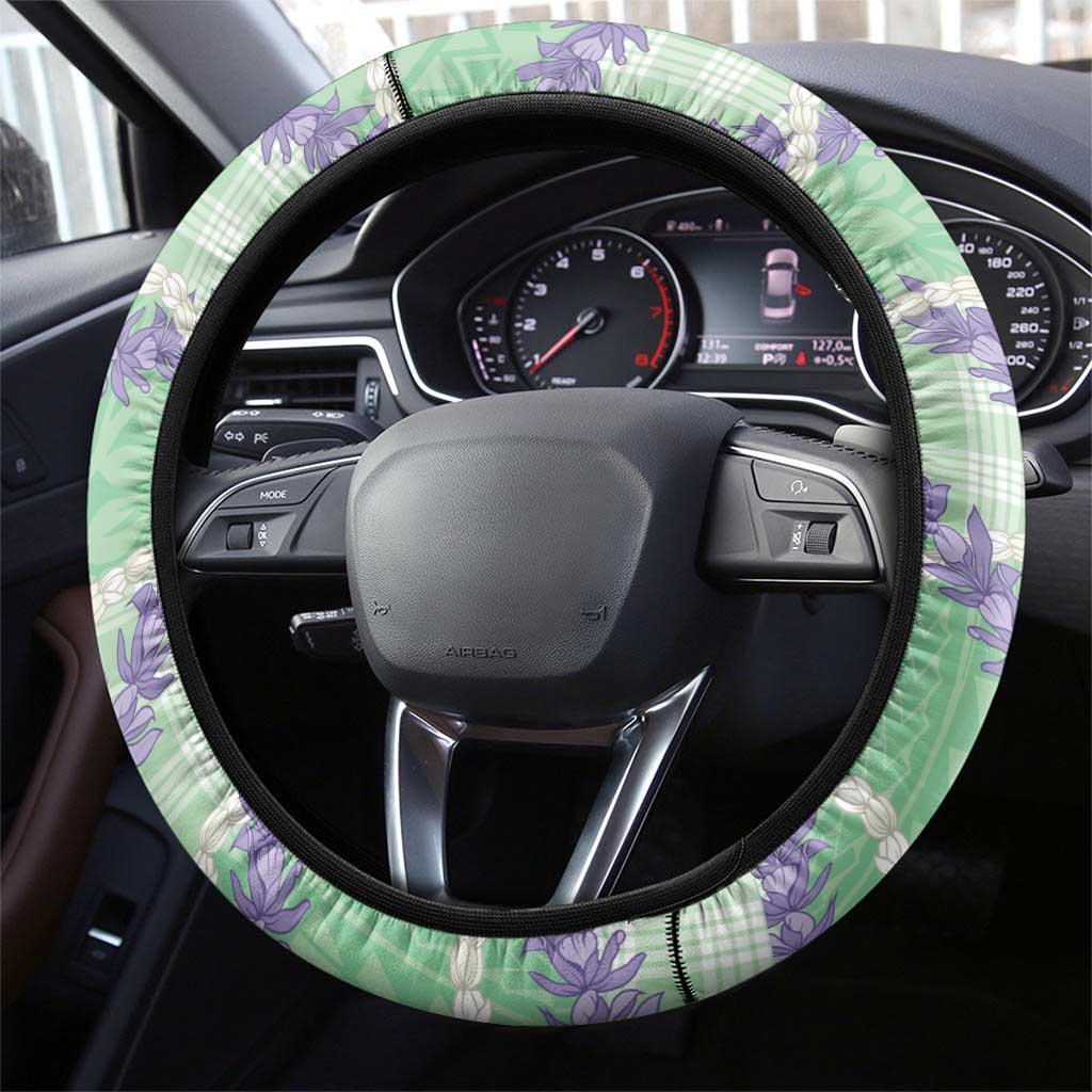 Pastel Green Hawaii Palaka Honohono Pikake Steering Wheel Cover Hawaiian Orchid Lei Polynesian Pattern - Polynesian Pride