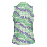 Pastel Green Hawaii Palaka Honohono Pikake Women Sleeveless Polo Shirt Hawaiian Orchid Lei Polynesian Pattern - Polynesian Pride