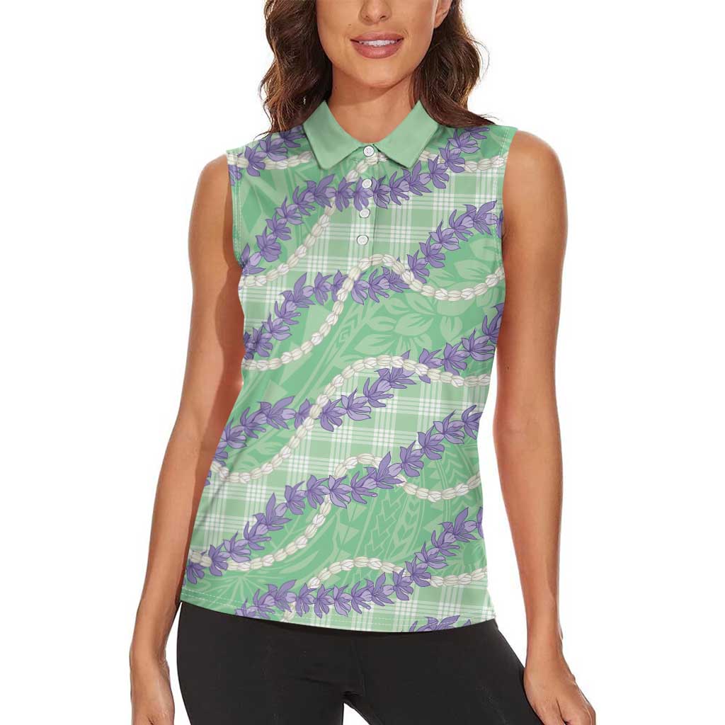 Pastel Green Hawaii Palaka Honohono Pikake Women Sleeveless Polo Shirt Hawaiian Orchid Lei Polynesian Pattern - Polynesian Pride
