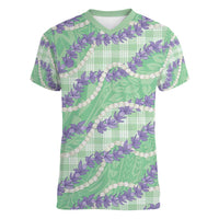 Pastel Green Hawaii Palaka Honohono Pikake Women V-Neck T-Shirt Hawaiian Orchid Lei Polynesian Pattern - Polynesian Pride