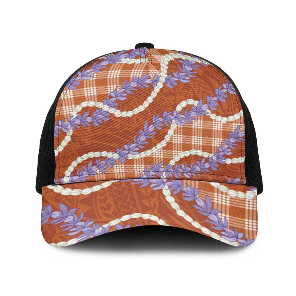 Orange Hawaii Palaka Honohono Pikake Baseball Net Cap Hawaiian Orchid Lei Polynesian Pattern - Polynesian Pride