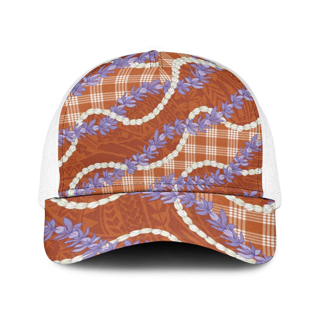 Orange Hawaii Palaka Honohono Pikake Baseball Net Cap Hawaiian Orchid Lei Polynesian Pattern - Polynesian Pride