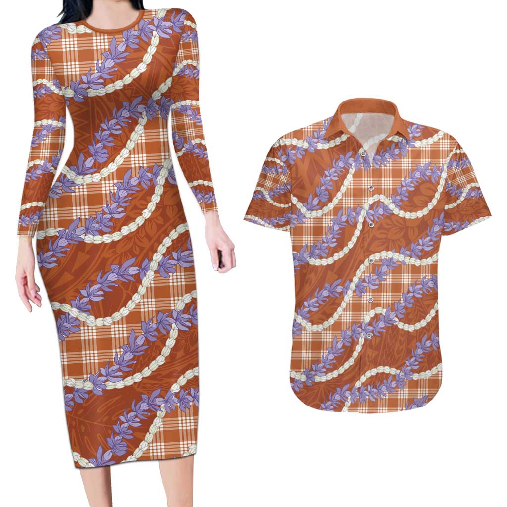 Orange Hawaii Palaka Honohono Pikake Couples Matching Long Sleeve Bodycon Dress and Hawaiian Shirt Hawaiian Orchid Lei Polynesian Pattern - Polynesian Pride