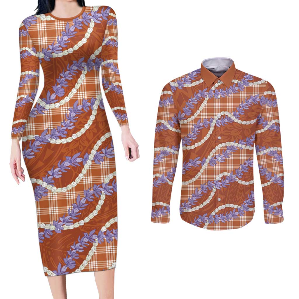 Orange Hawaii Palaka Honohono Pikake Couples Matching Long Sleeve Bodycon Dress and Long Sleeve Button Shirt Hawaiian Orchid Lei Polynesian Pattern LT14 Orange - Polynesian Pride