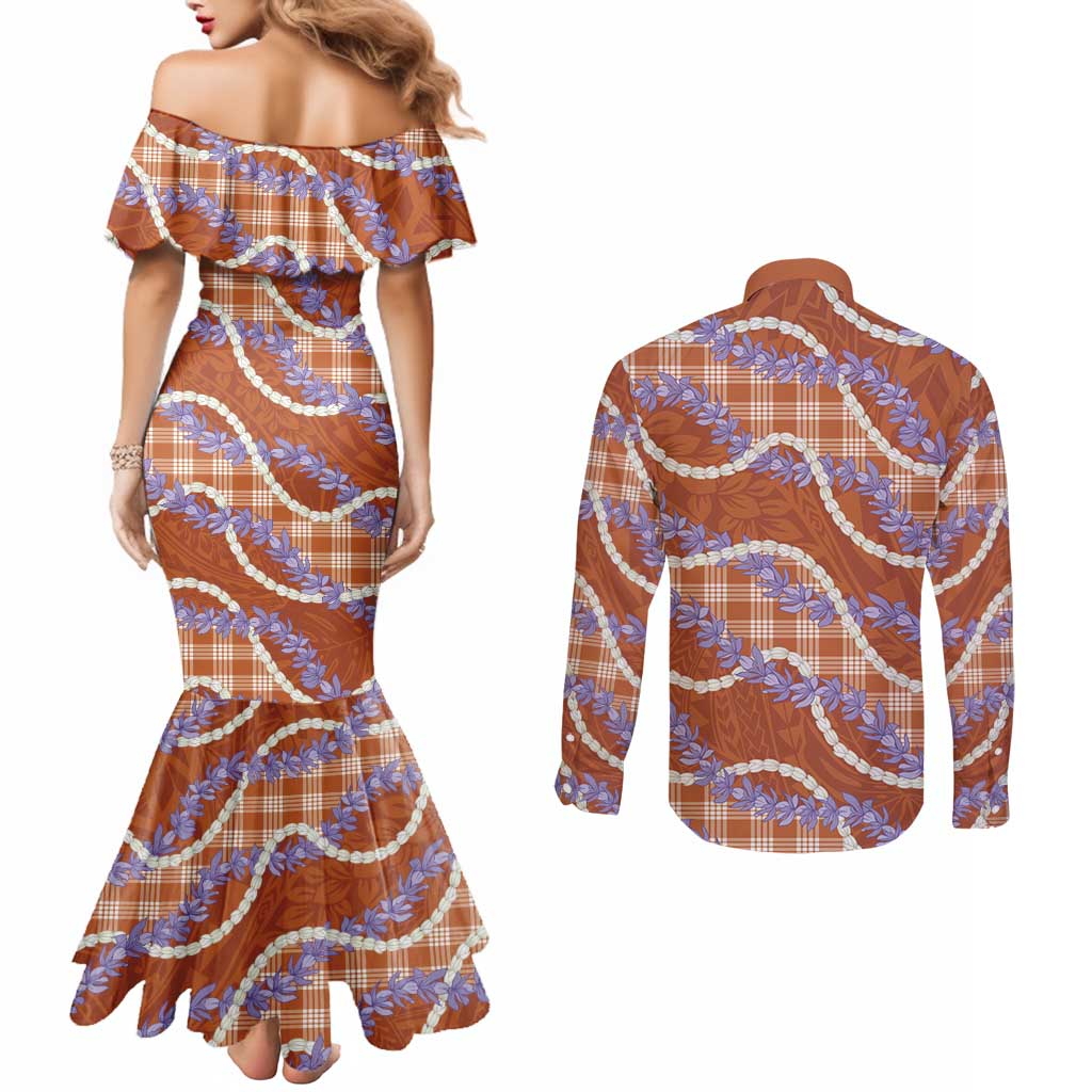 Orange Hawaii Palaka Honohono Pikake Couples Matching Mermaid Dress and Long Sleeve Button Shirt Hawaiian Orchid Lei Polynesian Pattern LT14 - Polynesian Pride