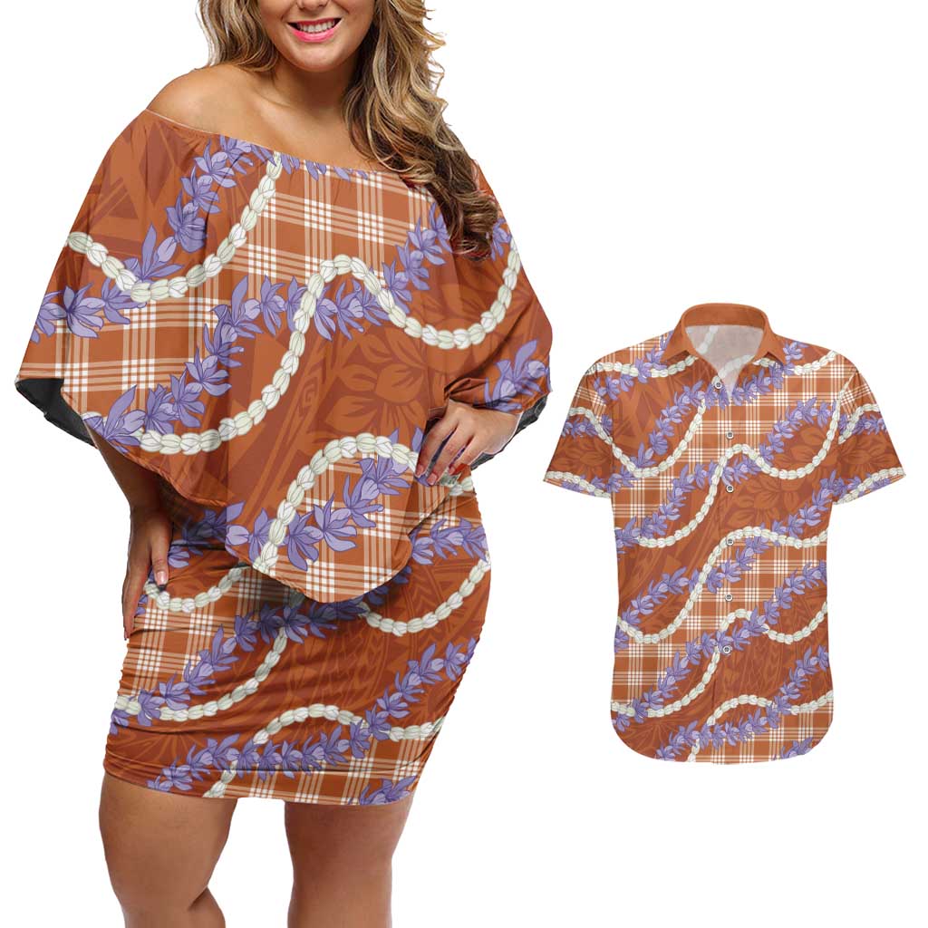 Orange Hawaii Palaka Honohono Pikake Couples Matching Off Shoulder Short Dress and Hawaiian Shirt Hawaiian Orchid Lei Polynesian Pattern LT14 Orange - Polynesian Pride