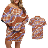 Orange Hawaii Palaka Honohono Pikake Couples Matching Off Shoulder Short Dress and Hawaiian Shirt Hawaiian Orchid Lei Polynesian Pattern LT14 Orange - Polynesian Pride