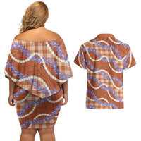 Orange Hawaii Palaka Honohono Pikake Couples Matching Off Shoulder Short Dress and Hawaiian Shirt Hawaiian Orchid Lei Polynesian Pattern LT14 - Polynesian Pride