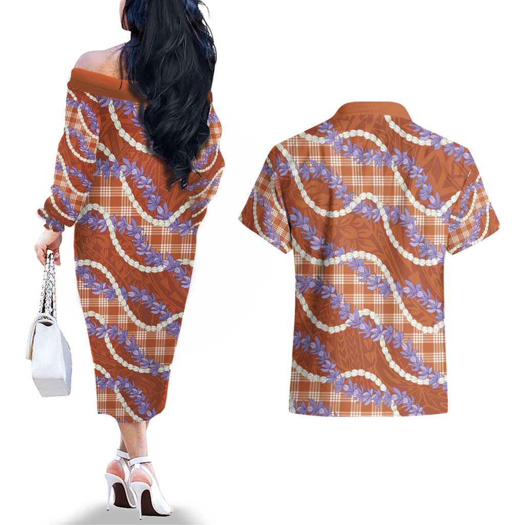 Orange Hawaii Palaka Honohono Pikake Couples Matching Off The Shoulder Long Sleeve Dress and Hawaiian Shirt Hawaiian Orchid Lei Polynesian Pattern - Polynesian Pride