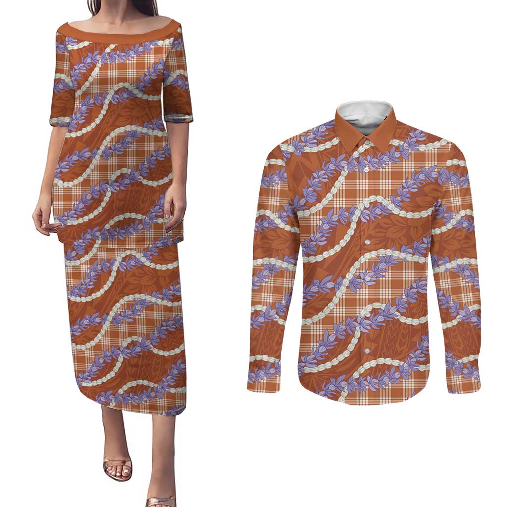 Orange Hawaii Palaka Honohono Pikake Couples Matching Puletasi and Long Sleeve Button Shirt Hawaiian Orchid Lei Polynesian Pattern - Polynesian Pride