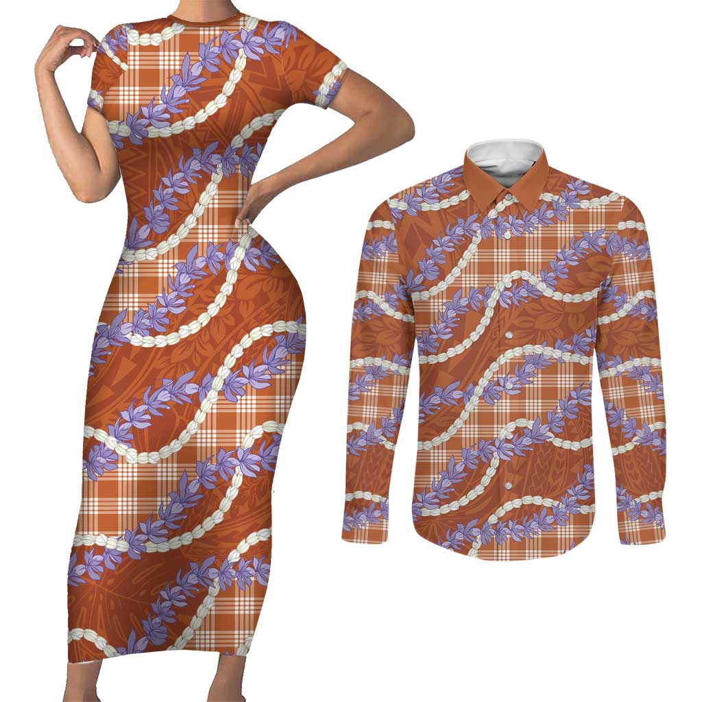 Orange Hawaii Palaka Honohono Pikake Couples Matching Short Sleeve Bodycon Dress and Long Sleeve Button Shirt Hawaiian Orchid Lei Polynesian Pattern LT14 Orange - Polynesian Pride