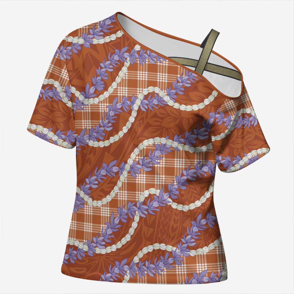 Orange Hawaii Palaka Honohono Pikake Cross Shoulder Shirt Hawaiian Orchid Lei Polynesian Pattern - Polynesian Pride
