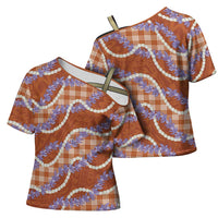 Orange Hawaii Palaka Honohono Pikake Cross Shoulder Shirt Hawaiian Orchid Lei Polynesian Pattern - Polynesian Pride