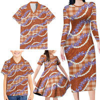 Orange Hawaii Palaka Honohono Pikake Family Matching Long Sleeve Bodycon Dress and Hawaiian Shirt Hawaiian Orchid Lei Polynesian Pattern - Polynesian Pride