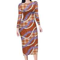 Orange Hawaii Palaka Honohono Pikake Family Matching Long Sleeve Bodycon Dress and Hawaiian Shirt Hawaiian Orchid Lei Polynesian Pattern - Polynesian Pride