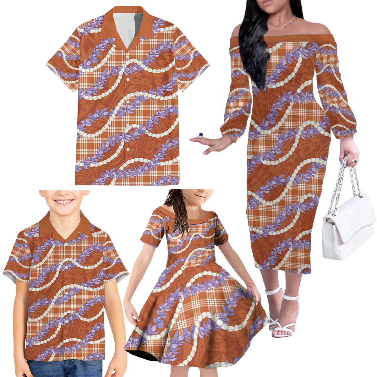 Orange Hawaii Palaka Honohono Pikake Family Matching Off The Shoulder Long Sleeve Dress and Hawaiian Shirt Hawaiian Orchid Lei Polynesian Pattern - Polynesian Pride