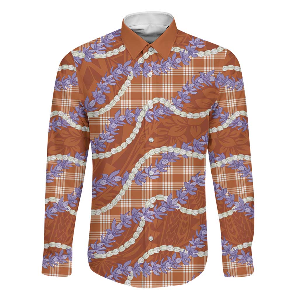 Orange Hawaii Palaka Honohono Pikake Family Matching Off The Shoulder Long Sleeve Dress and Hawaiian Shirt Hawaiian Orchid Lei Polynesian Pattern LT14 Dad's Shirt - Long Sleeve Orange - Polynesian Pride