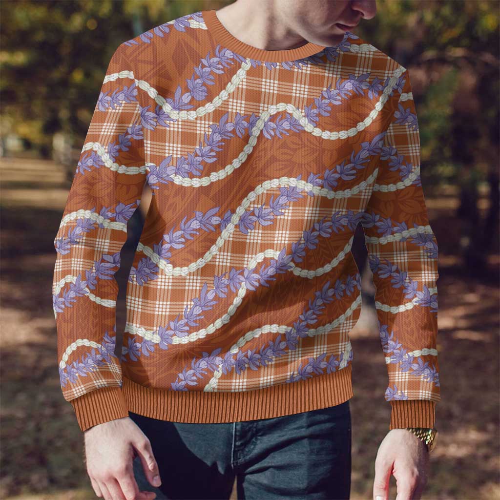 Orange Hawaii Palaka Honohono Pikake Ugly Christmas Sweater Hawaiian Orchid Lei Polynesian Pattern - Polynesian Pride