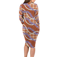 Orange Hawaii Palaka Honohono Pikake Long Sleeve Bodycon Dress Hawaiian Orchid Lei Polynesian Pattern - Polynesian Pride