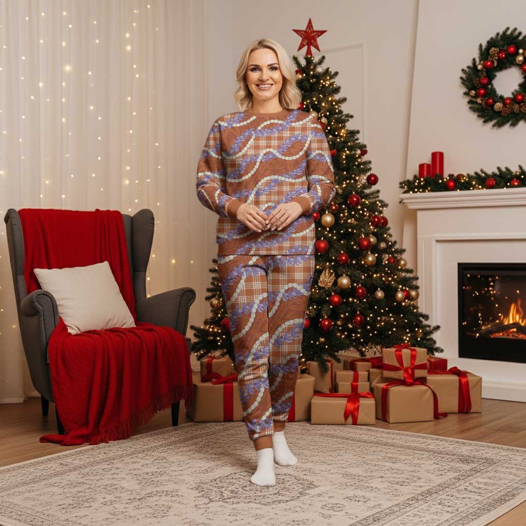 Orange Hawaii Palaka Honohono Pikake Christmas Pajama Set Hawaiian Orchid Lei Polynesian Pattern - Polynesian Pride