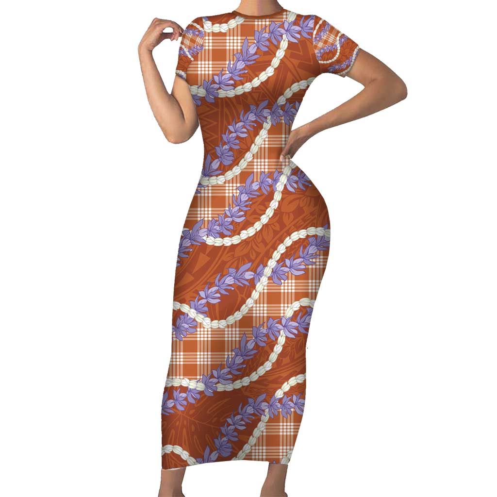 Orange Hawaii Palaka Honohono Pikake Short Sleeve Bodycon Dress Hawaiian Orchid Lei Polynesian Pattern - Polynesian Pride