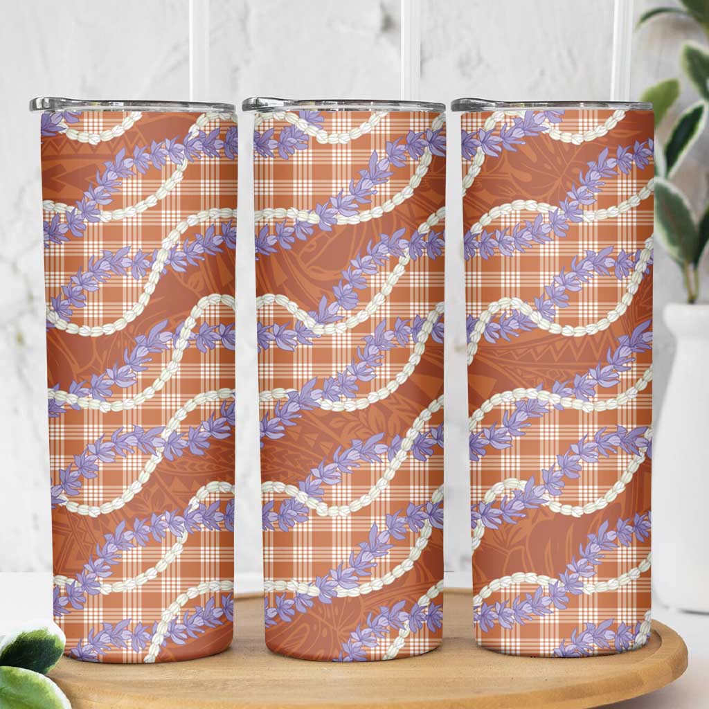Orange Hawaii Palaka Honohono Pikake Skinny Tumbler Hawaiian Orchid Lei Polynesian Pattern - Polynesian Pride