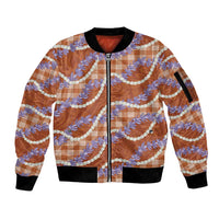 Orange Hawaii Palaka Honohono Pikake Sleeve Zip Bomber Jacket Hawaiian Orchid Lei Polynesian Pattern - Polynesian Pride