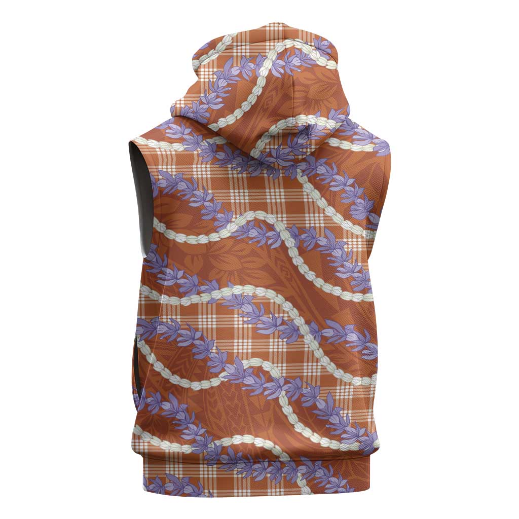 Orange Hawaii Palaka Honohono Pikake Sleeveless Hoodie Hawaiian Orchid Lei Polynesian Pattern - Polynesian Pride