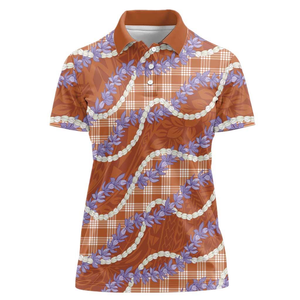 Orange Hawaii Palaka Honohono Pikake Women Polo Shirt Hawaiian Orchid Lei Polynesian Pattern - Polynesian Pride