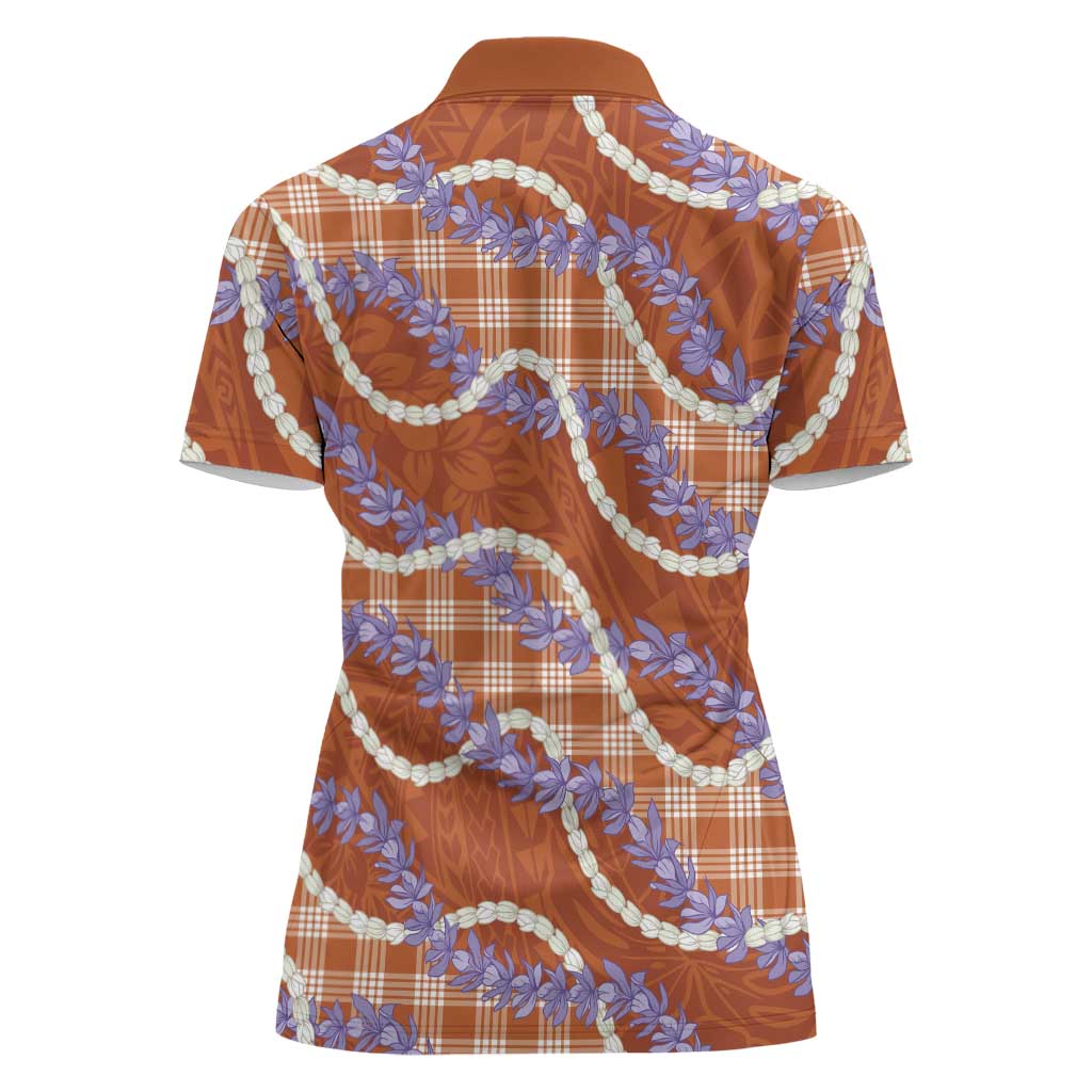 Orange Hawaii Palaka Honohono Pikake Women Polo Shirt Hawaiian Orchid Lei Polynesian Pattern - Polynesian Pride