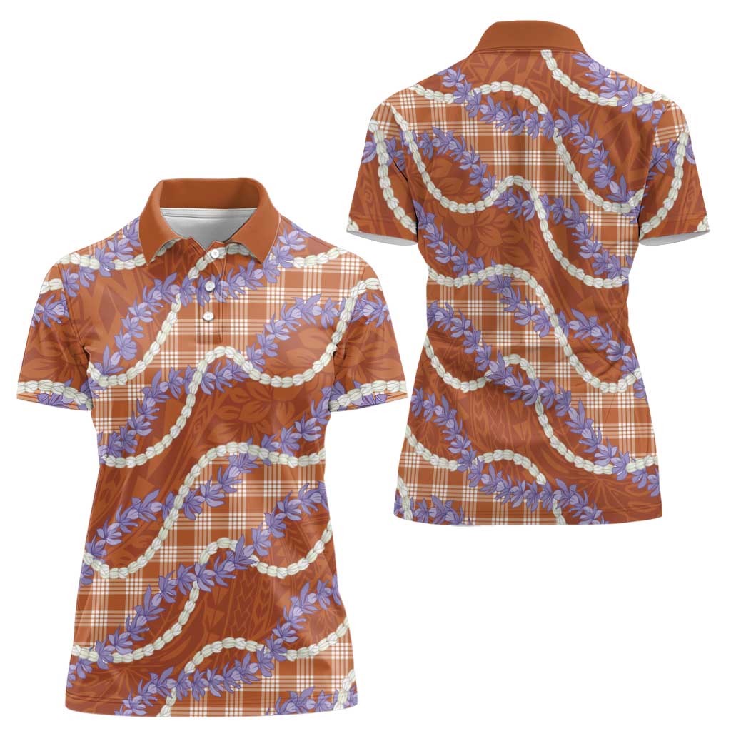 Orange Hawaii Palaka Honohono Pikake Women Polo Shirt Hawaiian Orchid Lei Polynesian Pattern - Polynesian Pride