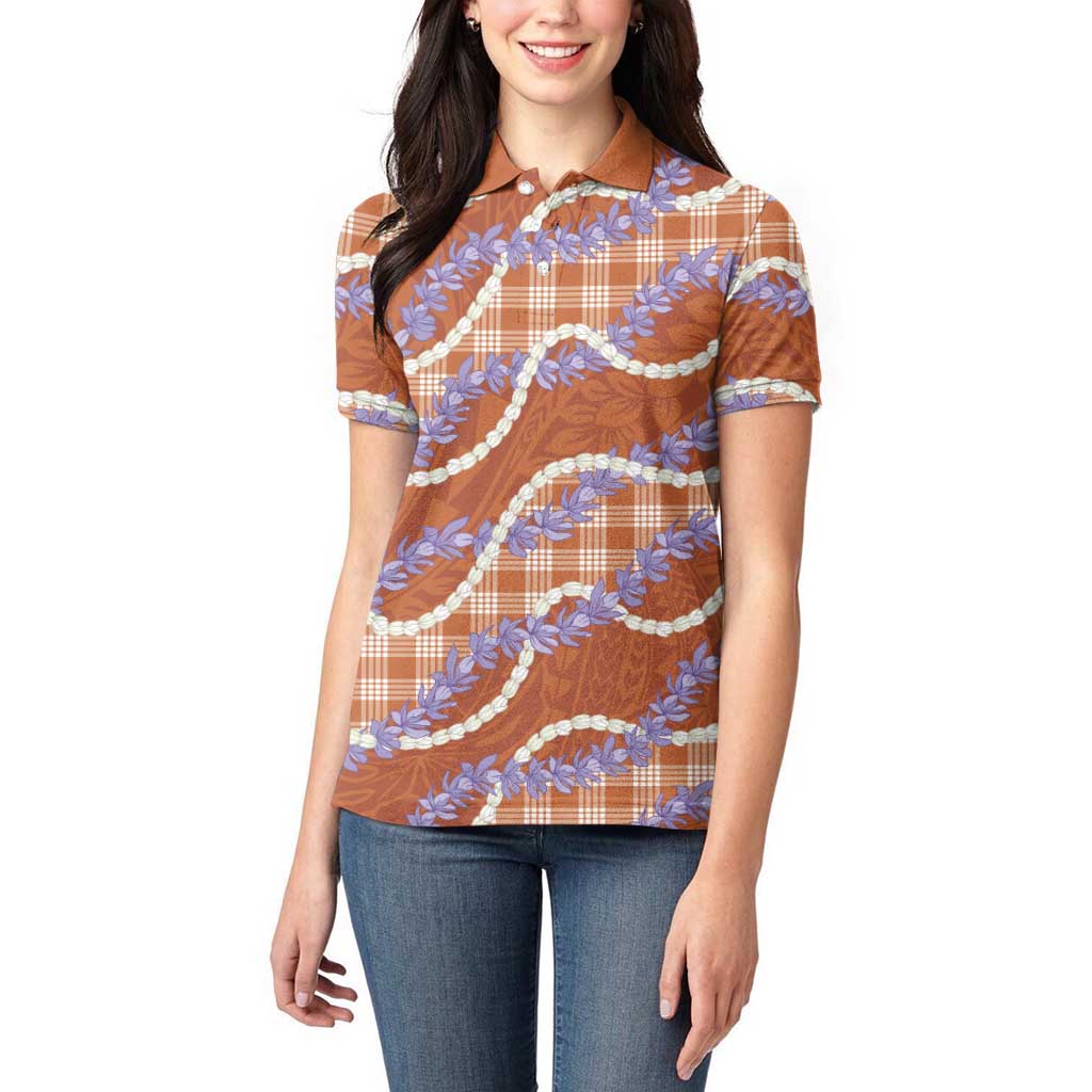 Orange Hawaii Palaka Honohono Pikake Women Polo Shirt Hawaiian Orchid Lei Polynesian Pattern - Polynesian Pride