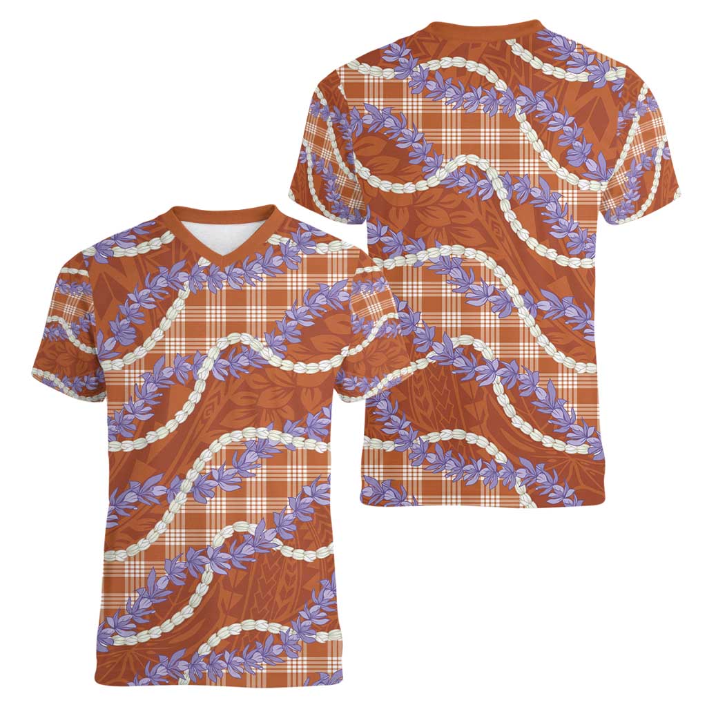 Orange Hawaii Palaka Honohono Pikake Women V-Neck T-Shirt Hawaiian Orchid Lei Polynesian Pattern - Polynesian Pride