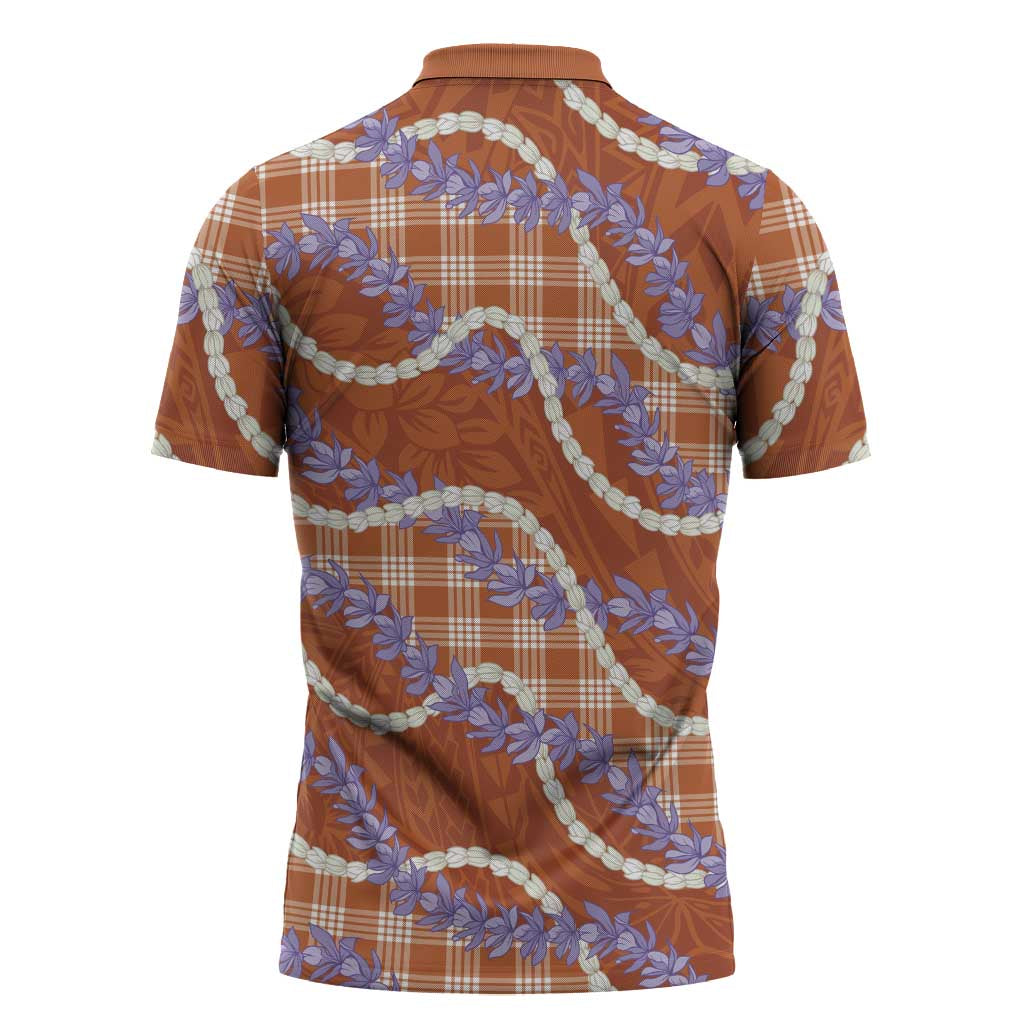 Orange Hawaii Palaka Honohono Pikake Zipper Polo Shirt Hawaiian Orchid Lei Polynesian Pattern - Polynesian Pride