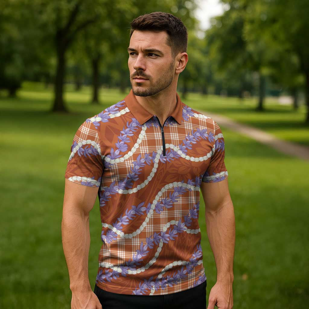 Orange Hawaii Palaka Honohono Pikake Zipper Polo Shirt Hawaiian Orchid Lei Polynesian Pattern - Polynesian Pride
