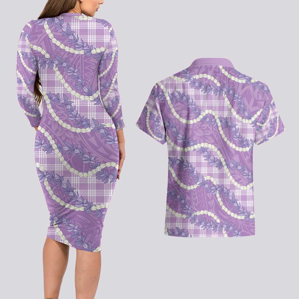 Purple Hawaii Palaka Honohono Pikake Couples Matching Long Sleeve Bodycon Dress and Hawaiian Shirt Hawaiian Orchid Lei Polynesian Pattern - Polynesian Pride