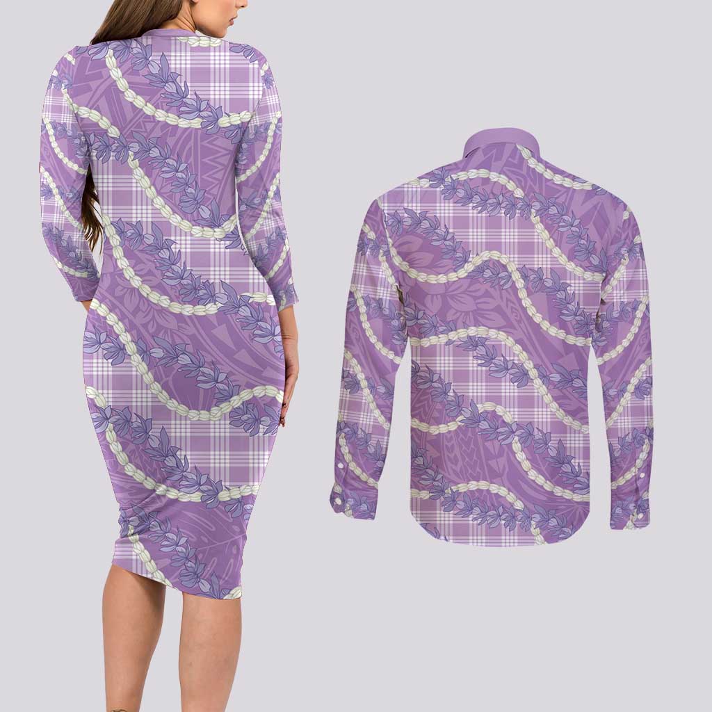 Purple Hawaii Palaka Honohono Pikake Couples Matching Long Sleeve Bodycon Dress and Long Sleeve Button Shirt Hawaiian Orchid Lei Polynesian Pattern - Polynesian Pride