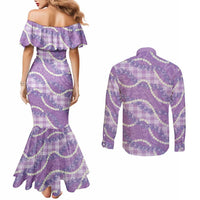 Purple Hawaii Palaka Honohono Pikake Couples Matching Mermaid Dress and Long Sleeve Button Shirt Hawaiian Orchid Lei Polynesian Pattern - Polynesian Pride