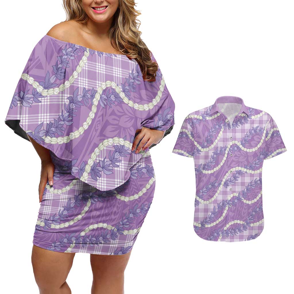 Purple Hawaii Palaka Honohono Pikake Couples Matching Off Shoulder Short Dress and Hawaiian Shirt Hawaiian Orchid Lei Polynesian Pattern LT14 Purple - Polynesian Pride
