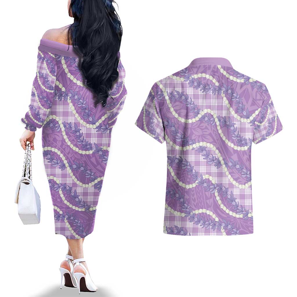 Purple Hawaii Palaka Honohono Pikake Couples Matching Off The Shoulder Long Sleeve Dress and Hawaiian Shirt Hawaiian Orchid Lei Polynesian Pattern - Polynesian Pride