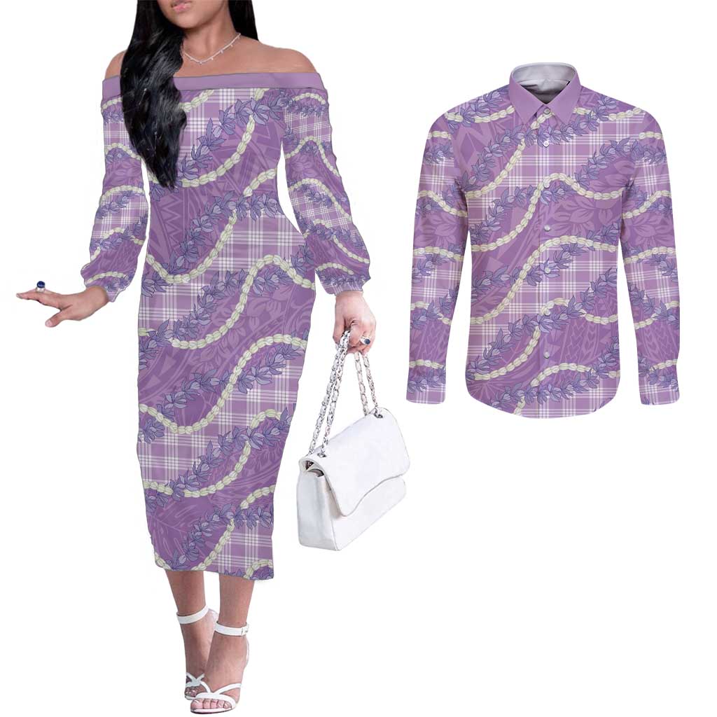 Purple Hawaii Palaka Honohono Pikake Couples Matching Off The Shoulder Long Sleeve Dress and Long Sleeve Button Shirt Hawaiian Orchid Lei Polynesian Pattern - Polynesian Pride